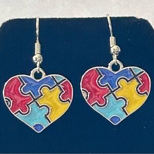 Handmade Autism Speaks Awareness Heart Puzzle Silver Earrings Brand New